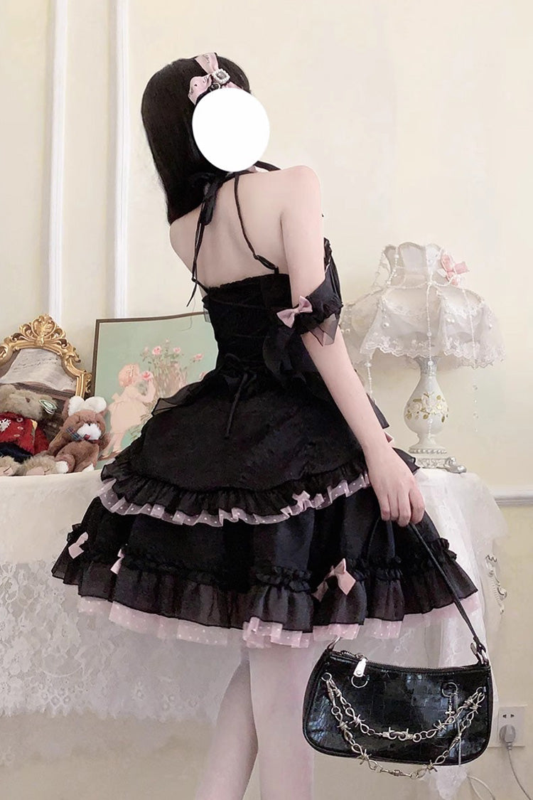 Black/Pink Lace Up Multi-layer Ruffle Cardigan Bowknot Gothic Lolita Jsk Dress - Product - 6
