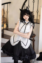 Black/White [Miss Black Cat] Sleeveless Printed Ruffled Sweet Princess Ballet Lolita Skirt Set - Product - 10