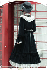 Black Silk Velvet Doll Collar Elegant Long Classic Lolita OP Dress - Product - 6