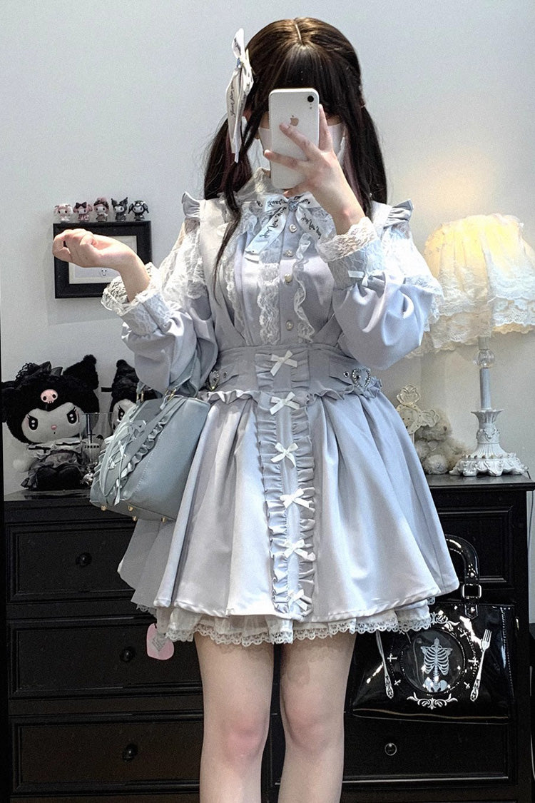 [Dolls Only] Ruffle Bowknot Lace Lace-Up Sweet Jirai Kei Strap Dress 4 Colors - Light-Blue - 3