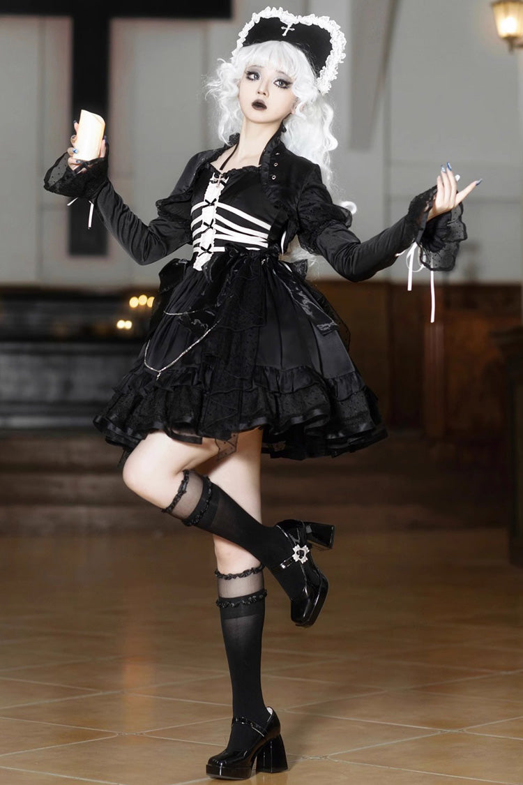 Black Prisoner Illusion Long Sleeves Multi-layer Ruffle Bowknot Gothic Princess Lolita Jsk Dress - Product - 2