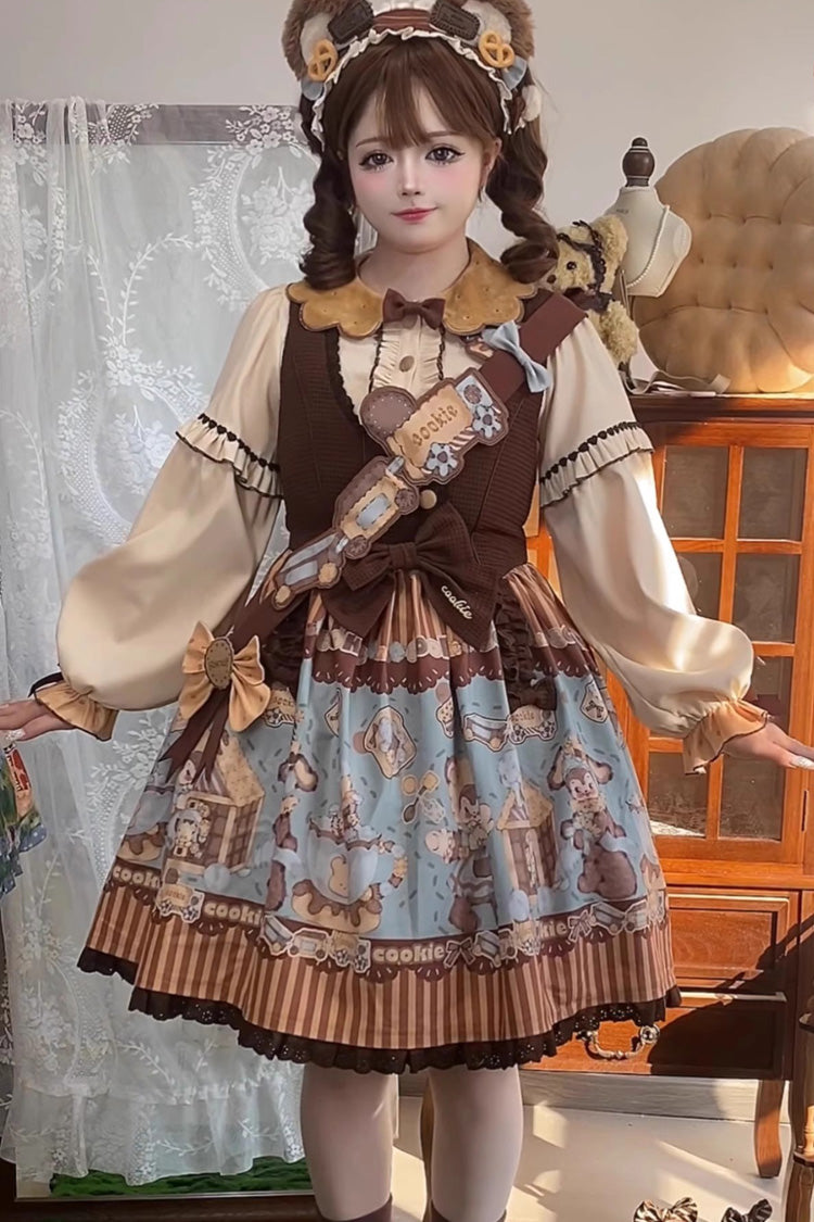 [Bear Cookies] Print Ruffle Bowknot Sweet Lolita JSK Dress 2 Colors - Product - 7