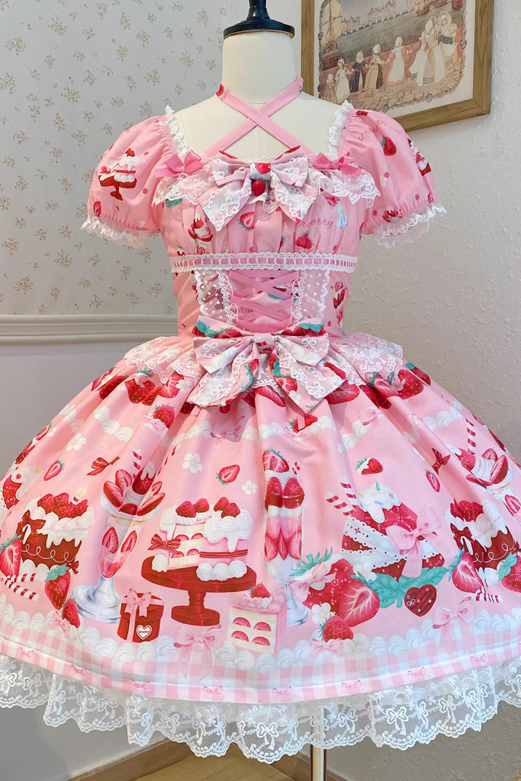 Pink [Strawberry Parfait] Print Short Sleeves Ruffle Bowknot Lace Lace-Up Sweet Lolita Dress - Product - 3