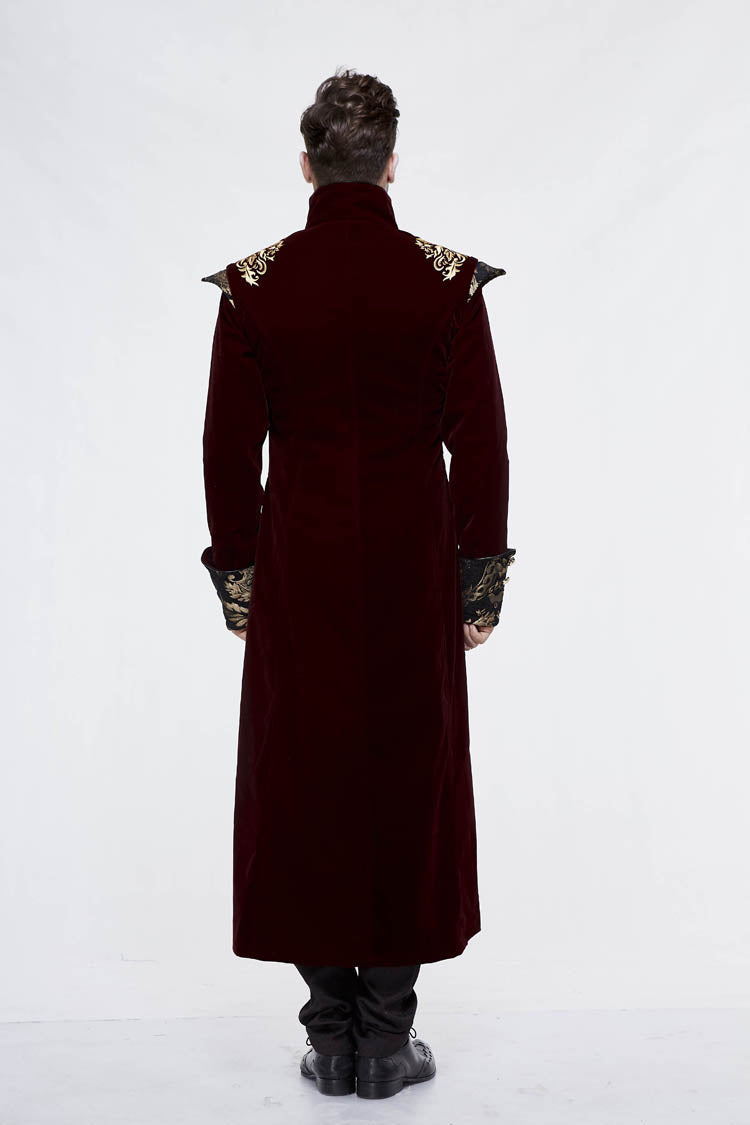 Black/Red Jacquard Gold Faded Buttons Fleece Long Men's Gothic Coat - Product - 4
