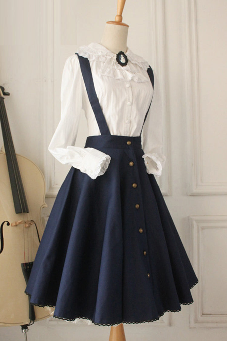 Dark Blue Vintage Single Breasted Ruffled Classic Lolita Skirt Strap Dress - Product - 2