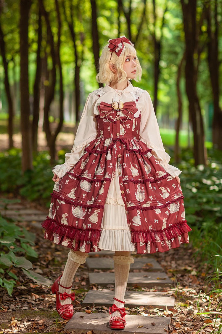 Miss Rabbit Dance Print Multi-layer Ruffle Sweet Elegant Lolita Jsk Dress 4 Colors - Red - 1