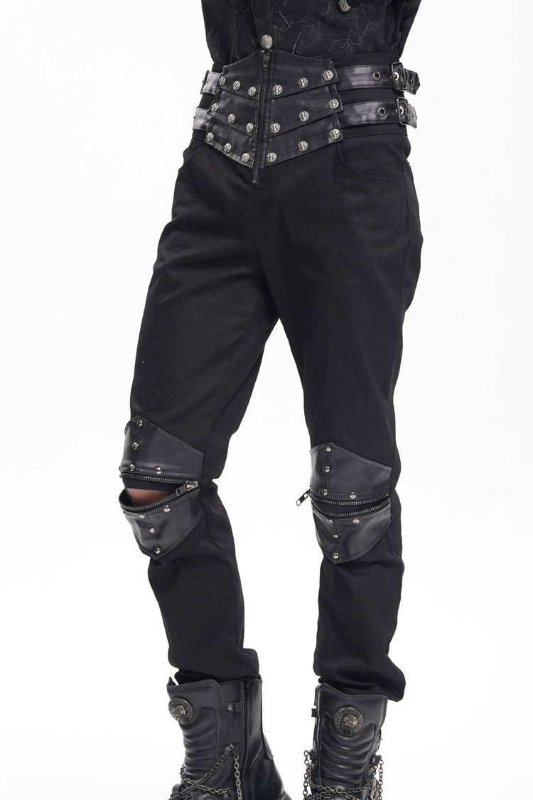 Black Stitching Buckle-up Studs Men's Gothic Pants - Product - 9