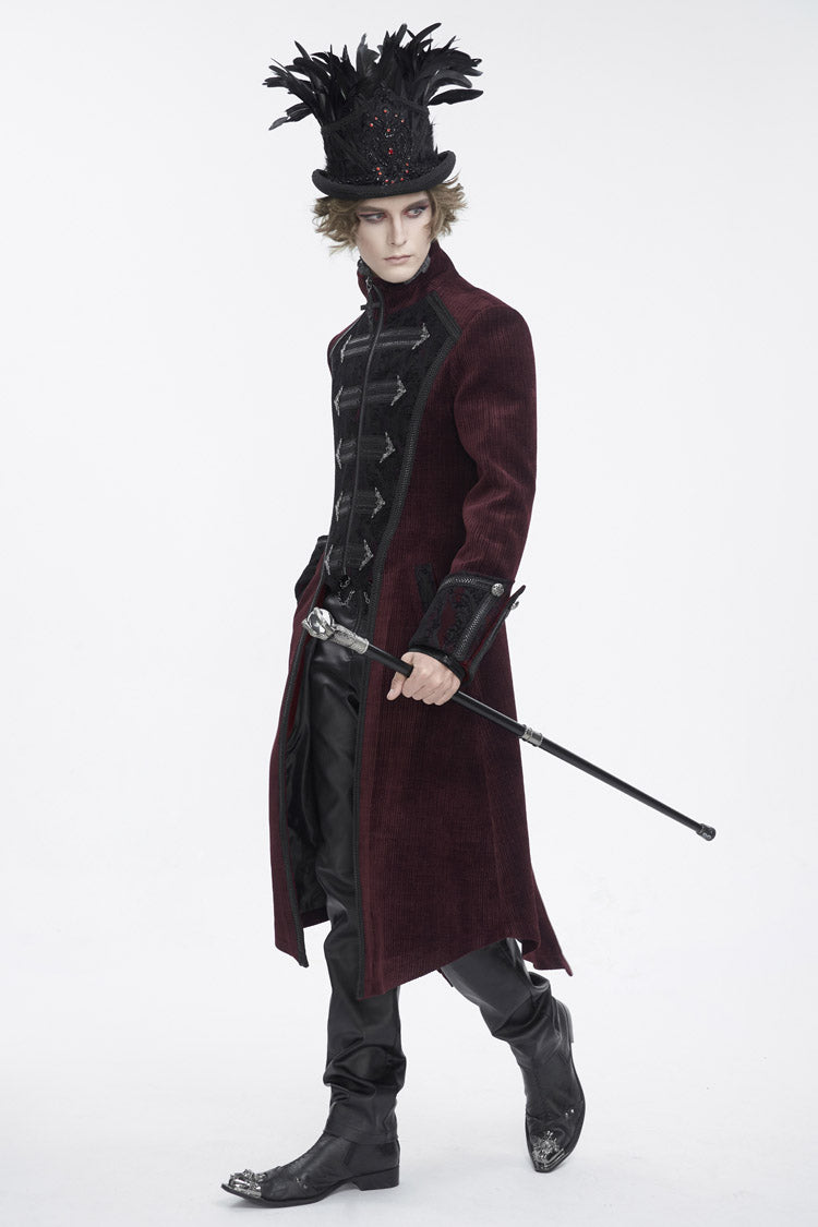 Red Stand Collar Long Sleeves Embroidery Slim Men's Gothic Coat - Product - 4