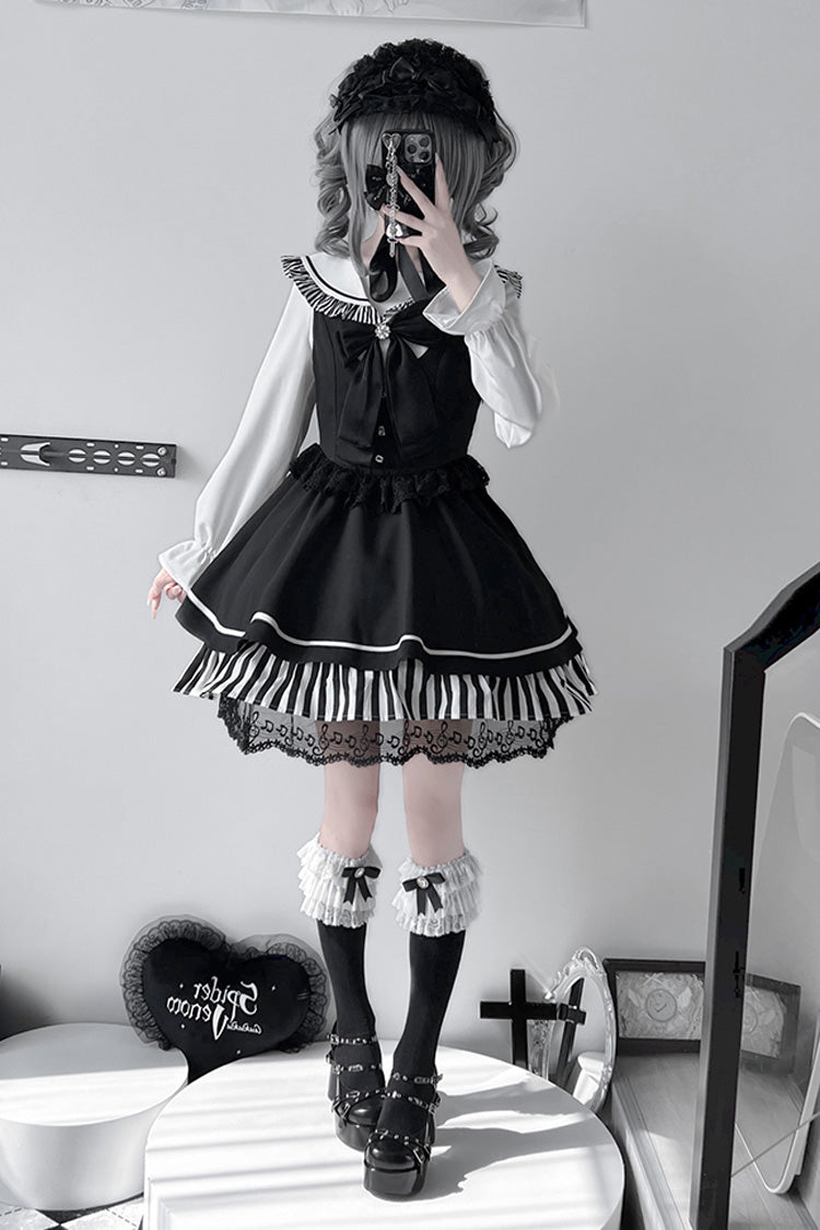 Black [Twilight Song] Stripe Print Bowknot Lace Jirai Kei Jumper Dress - Product - 6