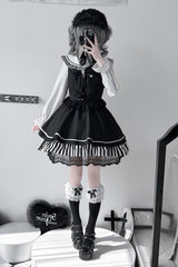 Black [Twilight Song] Stripe Print Bowknot Lace Jirai Kei Jumper Dress - Product - 6