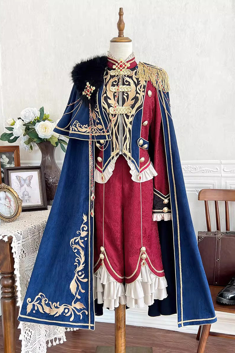 Red/Blue [Royal Glory] Stand Collar Long Sleeves Ruffled Embroidered Gothic Vintage Prince Palace Ouji Lolita Set - Product - 3