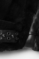 Black Stand Collar Long Sleeves Buckle Straps Faux Fur Women's Punk Short Cloak - Product - 8