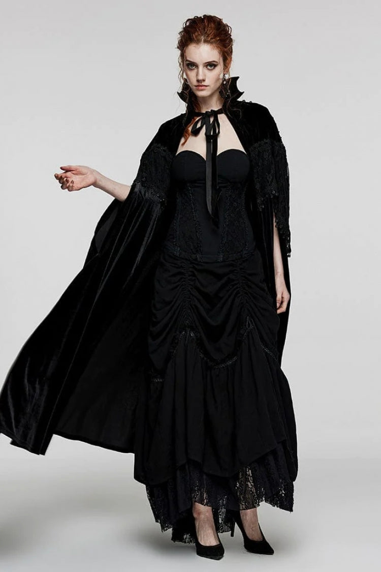 Black Bat Stand Collar Stitching Lace Nails Decorated Womens Gothic Cloak - Product - 4