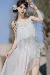 White Sleeveless Summer Beach Women's Lace Sweet Lolita Three-Piece Swimsuit Set - Product - 5