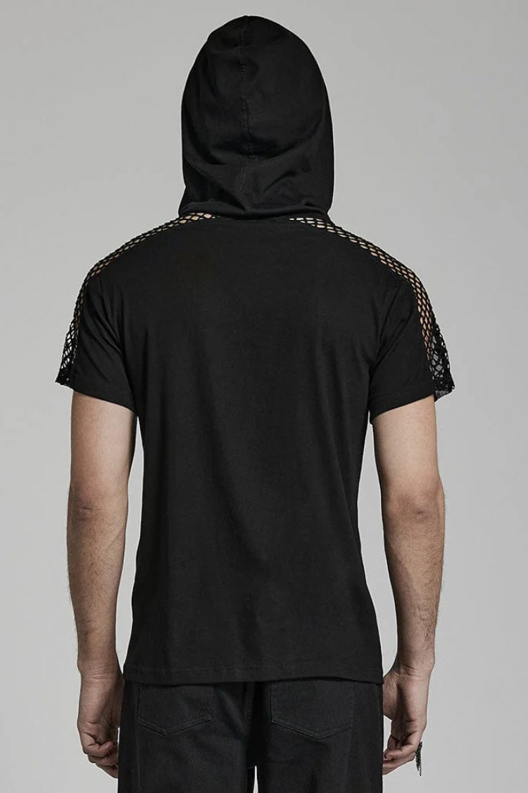 Black Short Sleeves Hollow Stitching Hooded Mesh Mens Steampunk T-Shirt - Product - 3