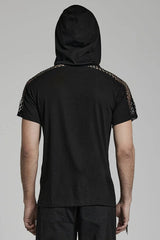 Black Short Sleeves Hollow Stitching Hooded Mesh Mens Steampunk T-Shirt - Product - 3