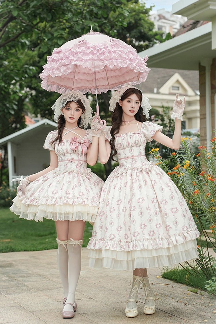 Ivory [Rose After The Rain] Short Sleeves Triple-Layered Print Ruffle Bowknot Lace-Up Sweet Lolita Short Dress - Product - 11