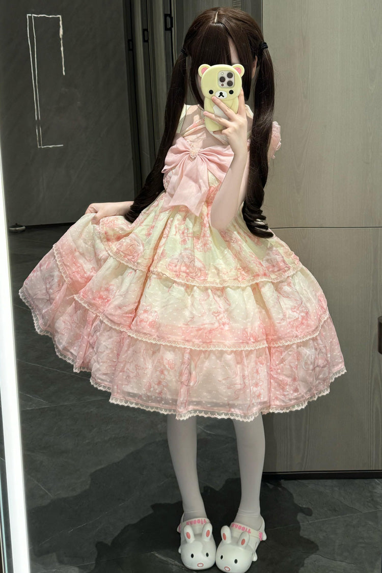 Pink Print Embroidery Bowknot Lace Sweet Princess Lolita Jsk Dress - Product - 3