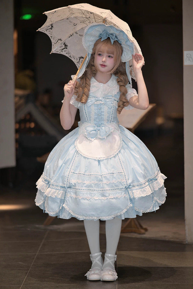 Blue [Petal Bunny] Cotton Sleeveless Ruffled Bow Lace Sweet Elegant Lolita Jsk Dress - Product - 14