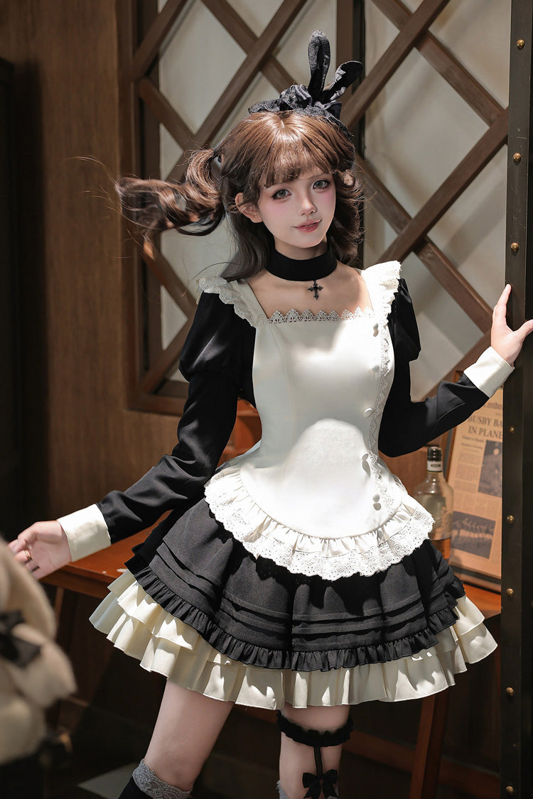 [Liya] Square Collar Long Lantern Sleeves Multi-Layered Ruffled Classic Elegant Lolita Dress 2 Colors (Black, Red) - Product - 23