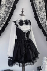 Black/White [Thorn Doll] Long Sleeves Ruffled Bow Pearl-Decorated Gothic Jirai Kei Dress - Product - 3