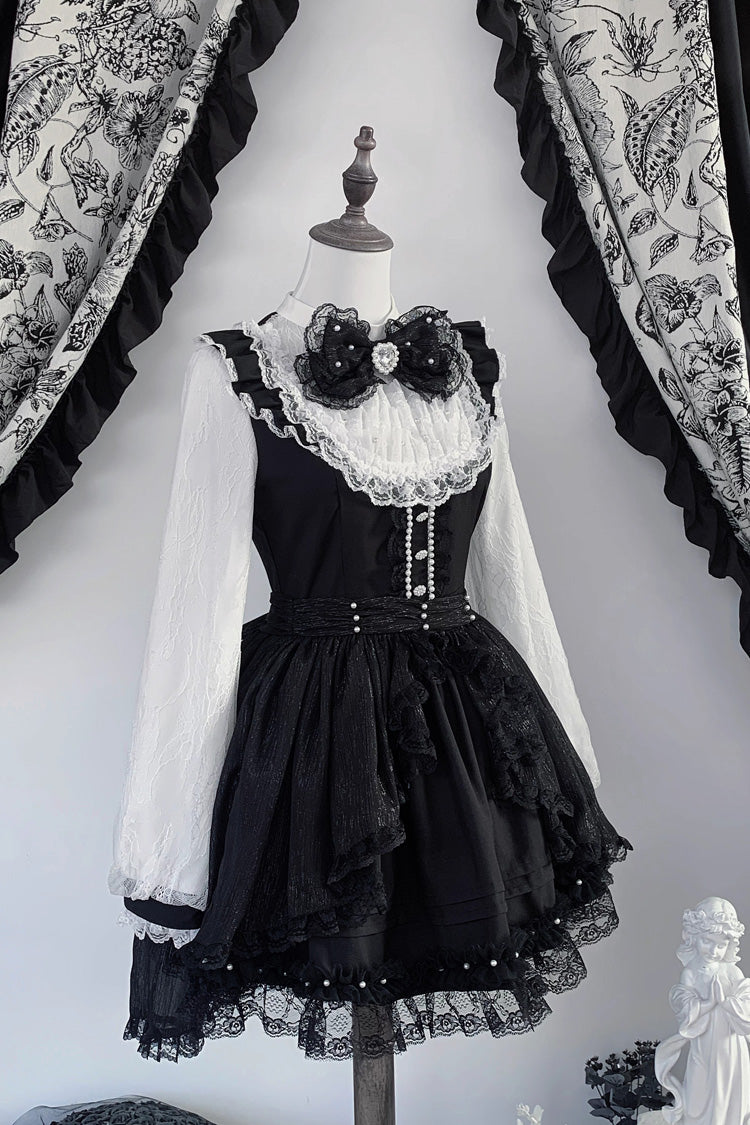 Black/White [Thorn Doll] Long Sleeves Ruffled Bow Pearl-Decorated Gothic Jirai Kei Dress - Product - 3