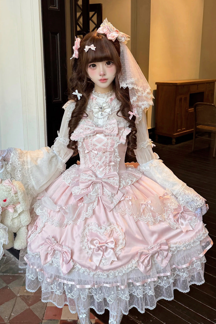 Pink [Sweetheart] Sleeveless Multi-Layered Embroidered Bow Lace Lace-Up Sweet Lolita Jsk Dress - Product - 7
