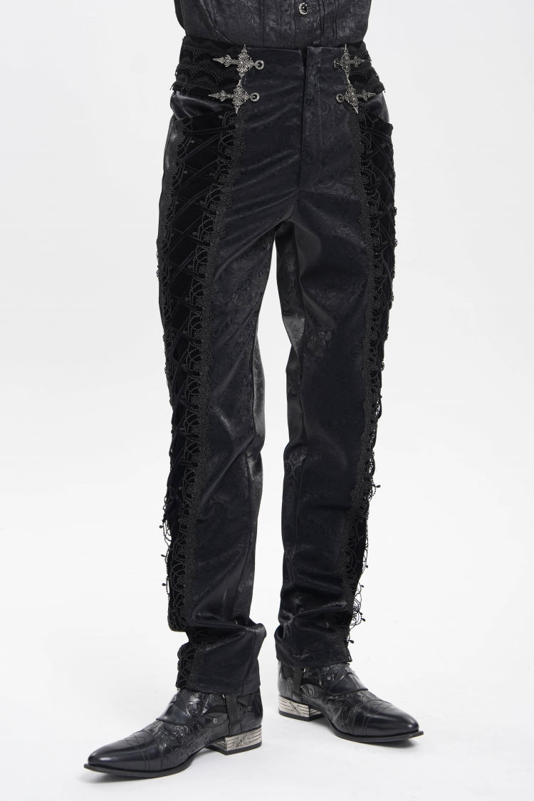 Black Printed Embroidered Spliced Lace-Up Men's Gothic Pants - Product - 7