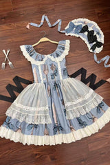 Blue [The Witch’s Banquet] Sleeveless Printed Ruffled Embroidered Bow Lace Sweet Lolita Jsk Dress - Product - 8