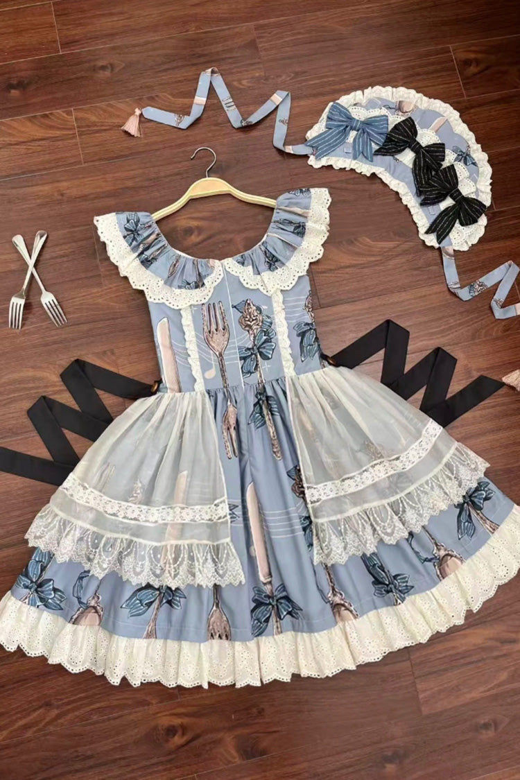 Blue [The Witch’s Banquet] Sleeveless Printed Ruffled Embroidered Bow Lace Sweet Lolita Jsk Dress - Product - 8