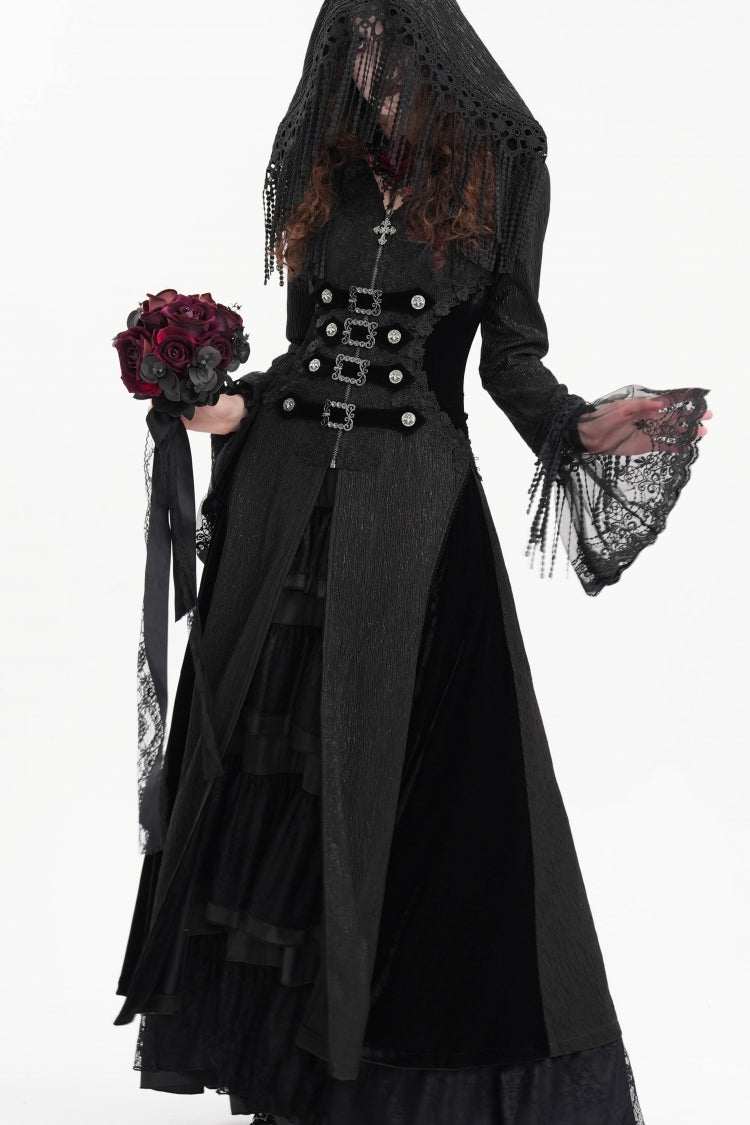 Black Buckle-up Tassels Hooded Women's Gothic Coat - Product - 7