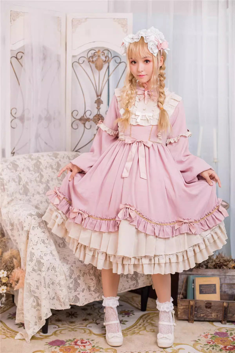 Pink Long Sleeves Ruffle Bowknot Daily Sweet Princess Lolita Dress - Product - 9