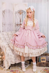 Pink Long Sleeves Ruffle Bowknot Daily Sweet Princess Lolita Dress - Product - 9