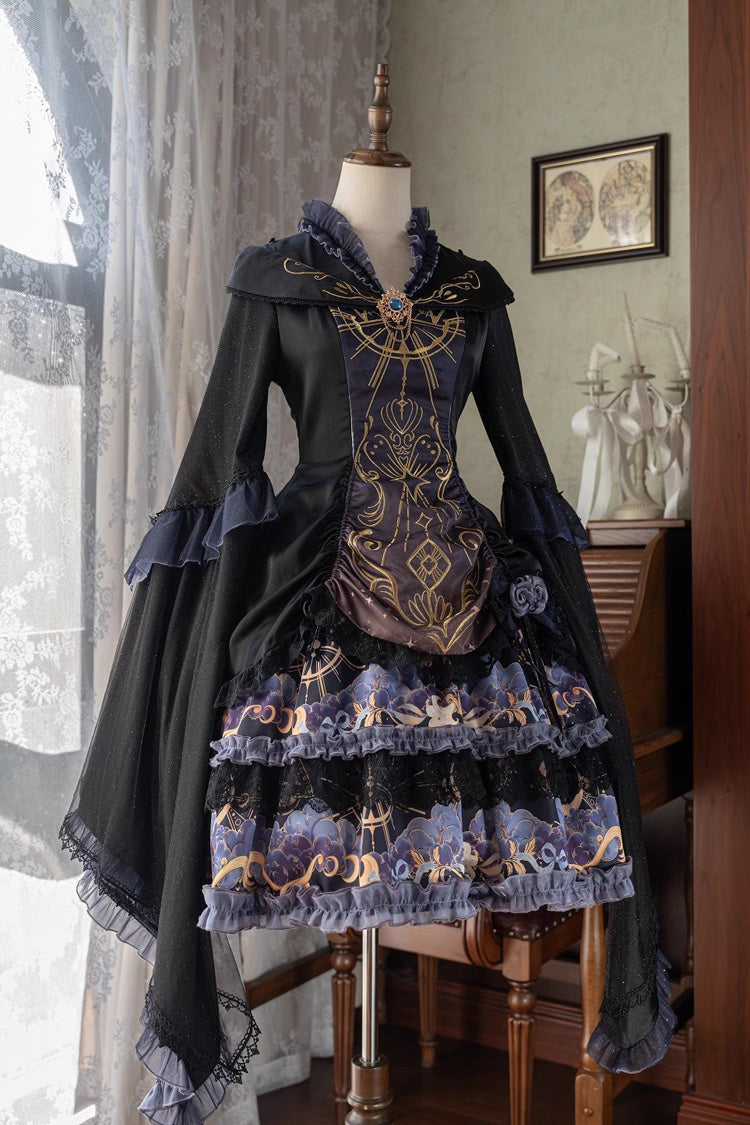Black [Astrology Cat] Long Sleeves Double-Layered Print Ruffle Lace Gothic Lolita Dress - Product - 3