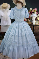 Elegant Cardigan Round Neck Short Sleeves Ruffle One Piece Sweet Lolita Dress 8 Colors - Blue - 2