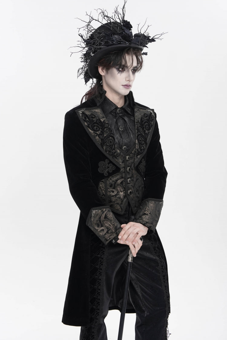 Black Lapel Collar Long Sleeves Jacquard Embroidered Slim Color-Blocked Men's Gothic Jacket - Product - 11