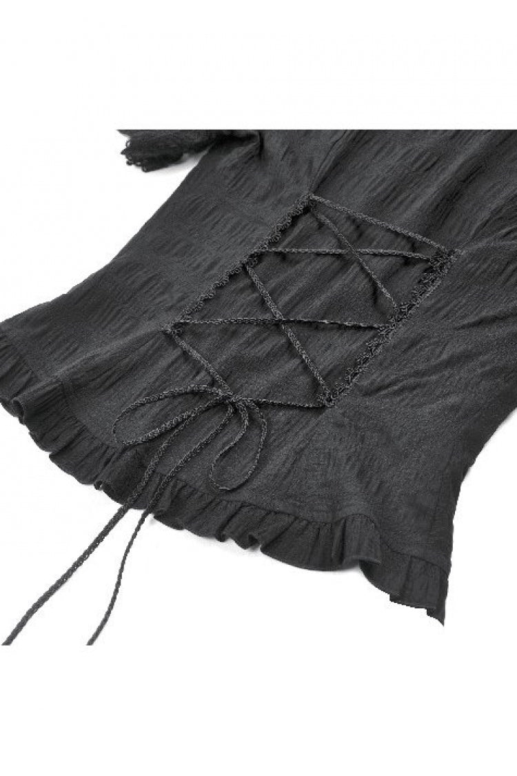 Black Stand Collar Short Puff Sleeves Sheer Lace Lace-Up Women's Gothic Blouse with Detachable Bowknot - Product - 19