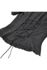 Black Stand Collar Short Puff Sleeves Sheer Lace Lace-Up Women's Gothic Blouse with Detachable Bowknot - Product - 19