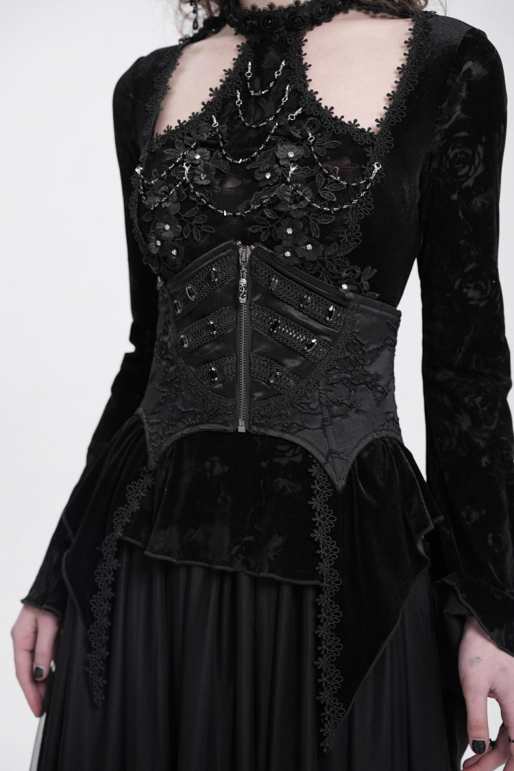 Black Batwing Beaded Lace-Up Zipper Women's Underbust Corset - Product - 5