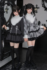[Doki!] Stand Collar Long Sleeves Printed Ruffled Lace-Up Sweet Cool Lolita Dress 2 Colors(Black, Grey) - Product - 8