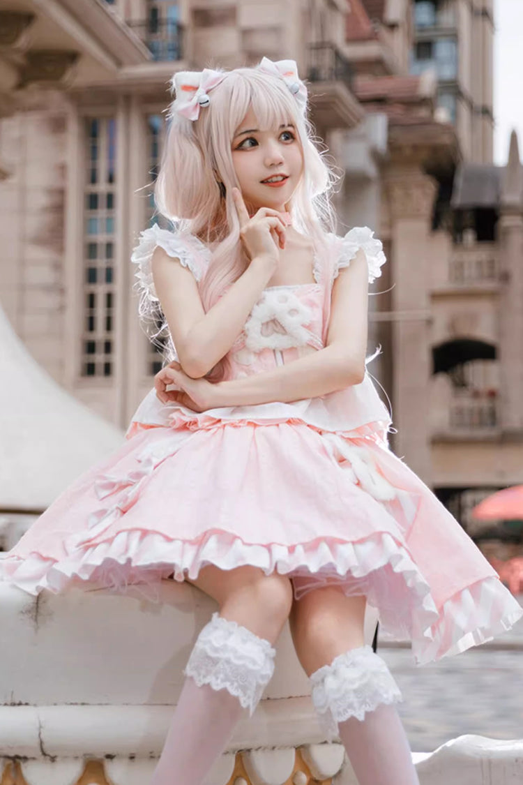 Pink [Miss Meow] Print Ruffle Bowknot Sweet Lolita Skirt Set - Pink - 1