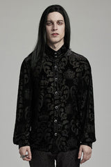 Black Stand Collar Puff Sleeves Jacquard Print Men's Gothic Blouse - Black - 1