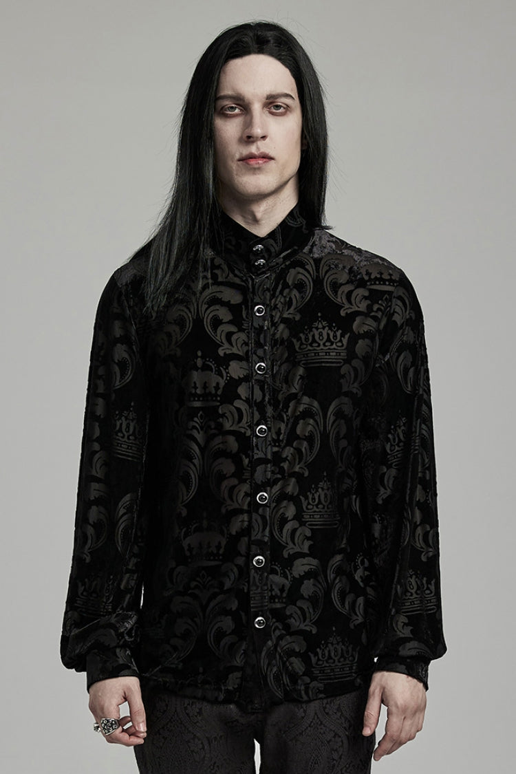 Black Stand Collar Puff Sleeves Jacquard Print Men's Gothic Blouse - Black - 1