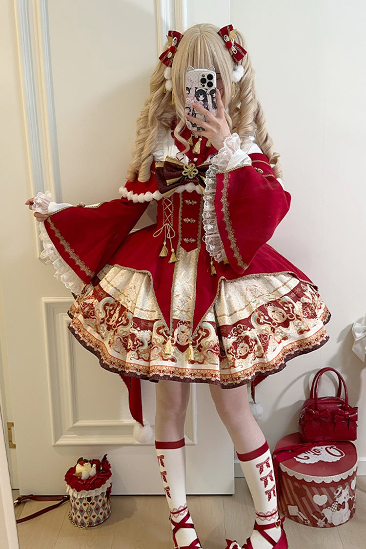 Red [New Year] Print Ruffle Bowknot Lace-Up Sweet Chinese Style Lolita Jsk Dress - Red - 1