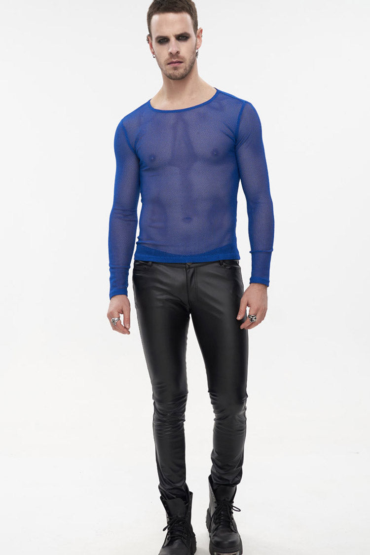 Blue Gothic Elasticity High Neck Long Sleeve Mesh Men's Shirt - Product - 3