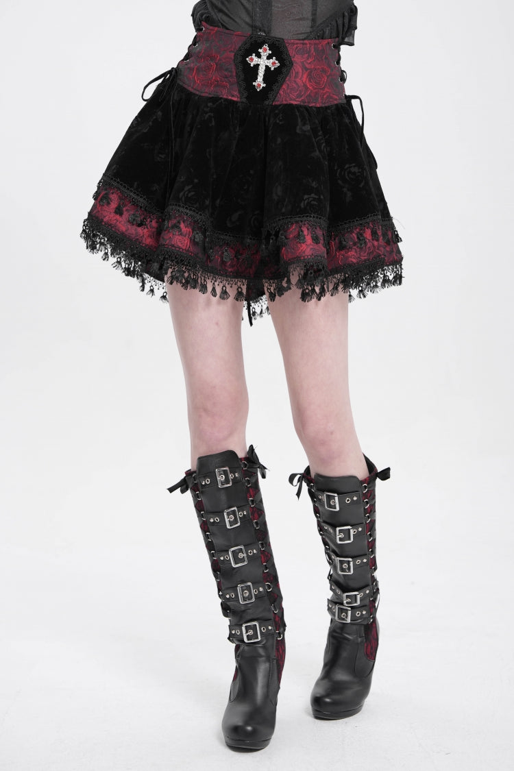 Black/Red Cross Tassel Print Women's Gothic Skirt - Product - 6