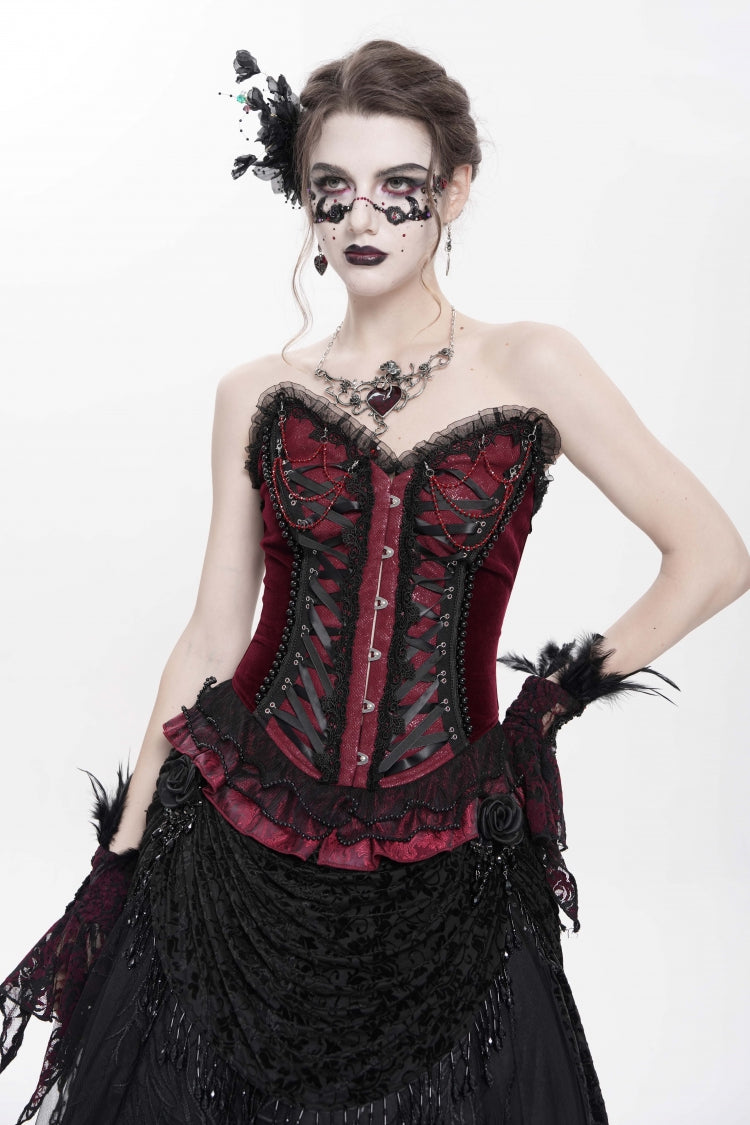 Red Sleeveless Beaded Lace Lace-Up Women's Gothic Overbust Corset - Product - 2