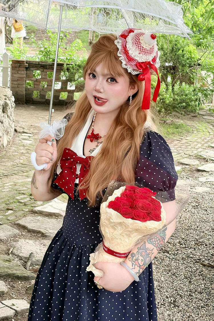 Blue V Collar Short Sleeves Polka Dot Printed Ruffled Bow Lace Classic Plus Size Preppy Style Lolita Dress - Product - 3