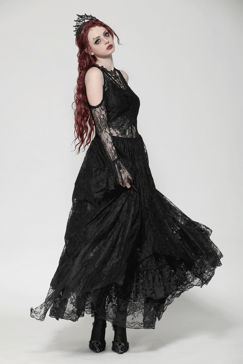 Female Gothic Lace Overlay Maxi Dress with Sleeves - image 14