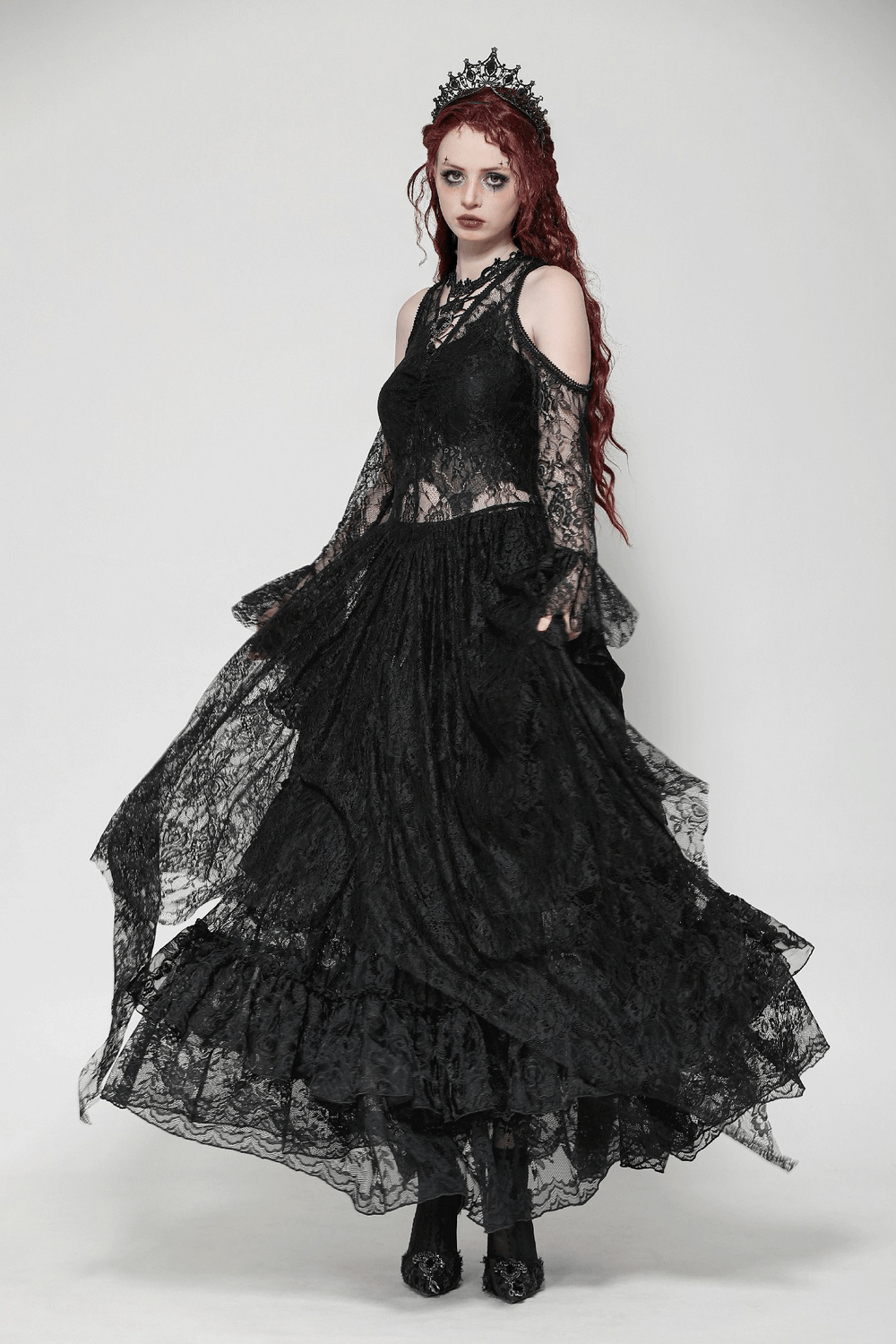 Female Gothic Lace Overlay Maxi Dress with Sleeves - image 15